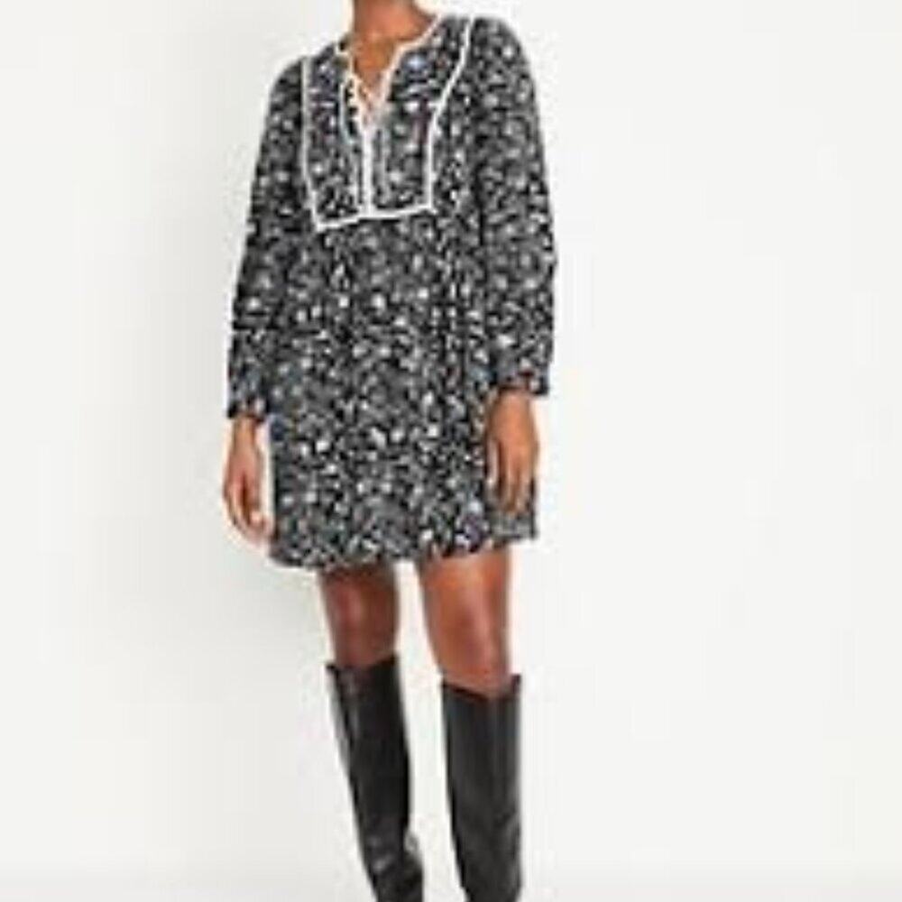Old Navy Black Floral Long-Sleeve Boho Mini Dress Size L - Picture 2 of 11